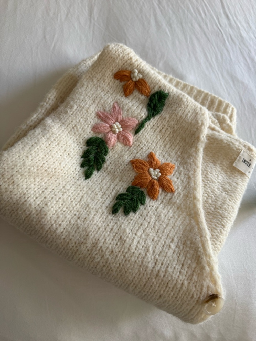 Cream Floral Embroidered Cardigan Sweater